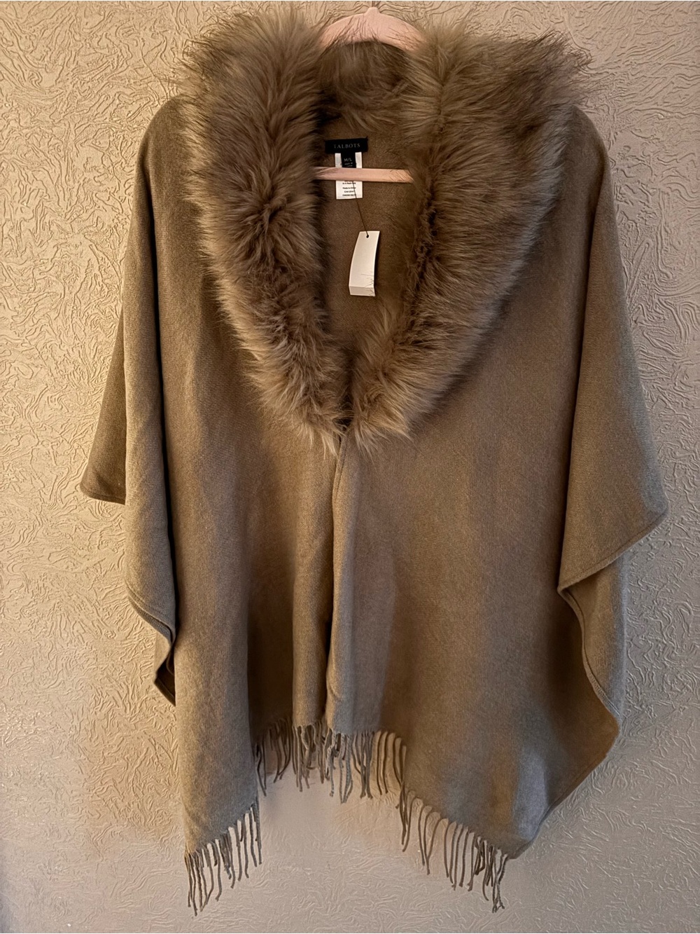 Talbots Taupe Faux-Fur Trim Poncho with removable collar